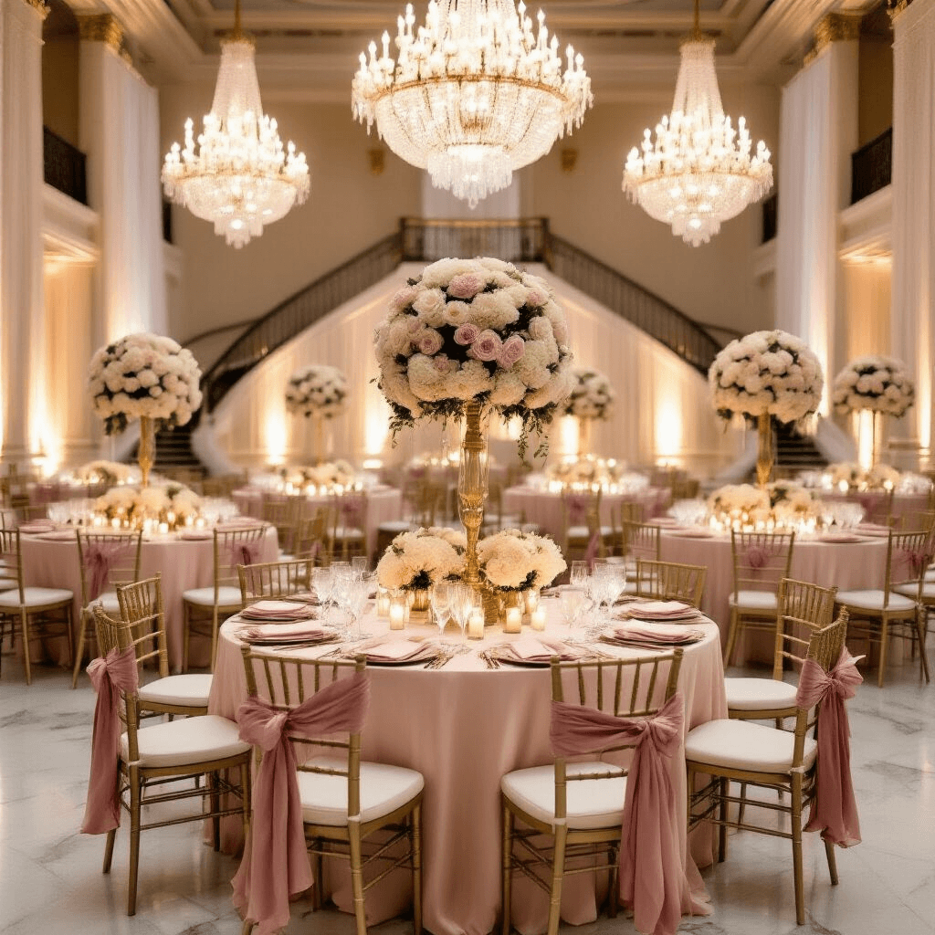 Coffee Tables with Drawers: A Perfect Blend of Style and Functionality Elegant indoor ballroom during golden hour, featuring blush pink silk table linens, gold compote centerpieces with white peonies and garden roses, champagne gold Chiavari chairs, and glowing pillar candles on marble floors, all framed by sheer ivory drapery and a sweeping staircase adorned with white florals.