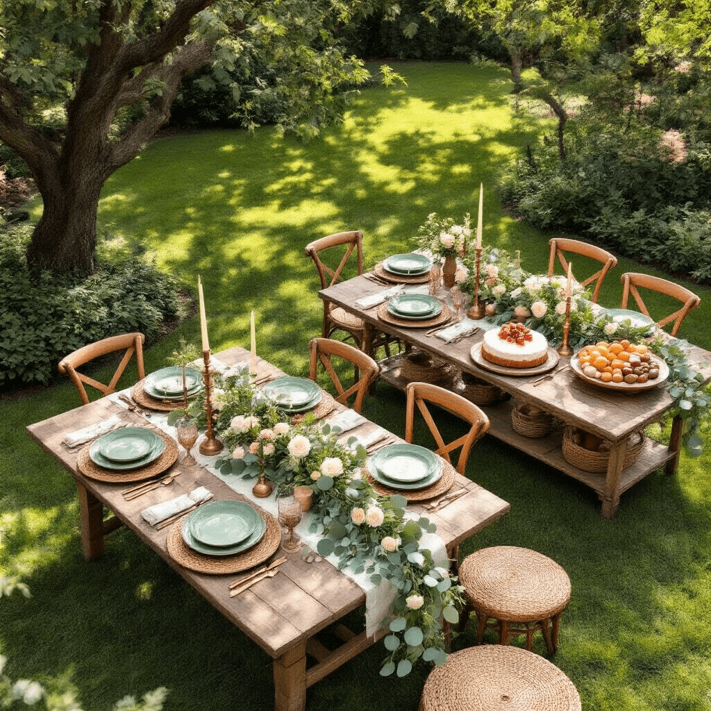 Coffee Tables with Drawers: A Perfect Blend of Style and Functionality Overhead view of an intimate garden party setup featuring U-shaped wooden tables with terracotta runners, sage green ceramic plates, and copper flatware, adorned with eucalyptus garlands and white garden roses, vintage brass candlesticks with ivory candles, rattan charger plates, mason jars with wildflowers, and a dessert cart with naked cakes and seasonal fruits, all bathed in soft morning light.