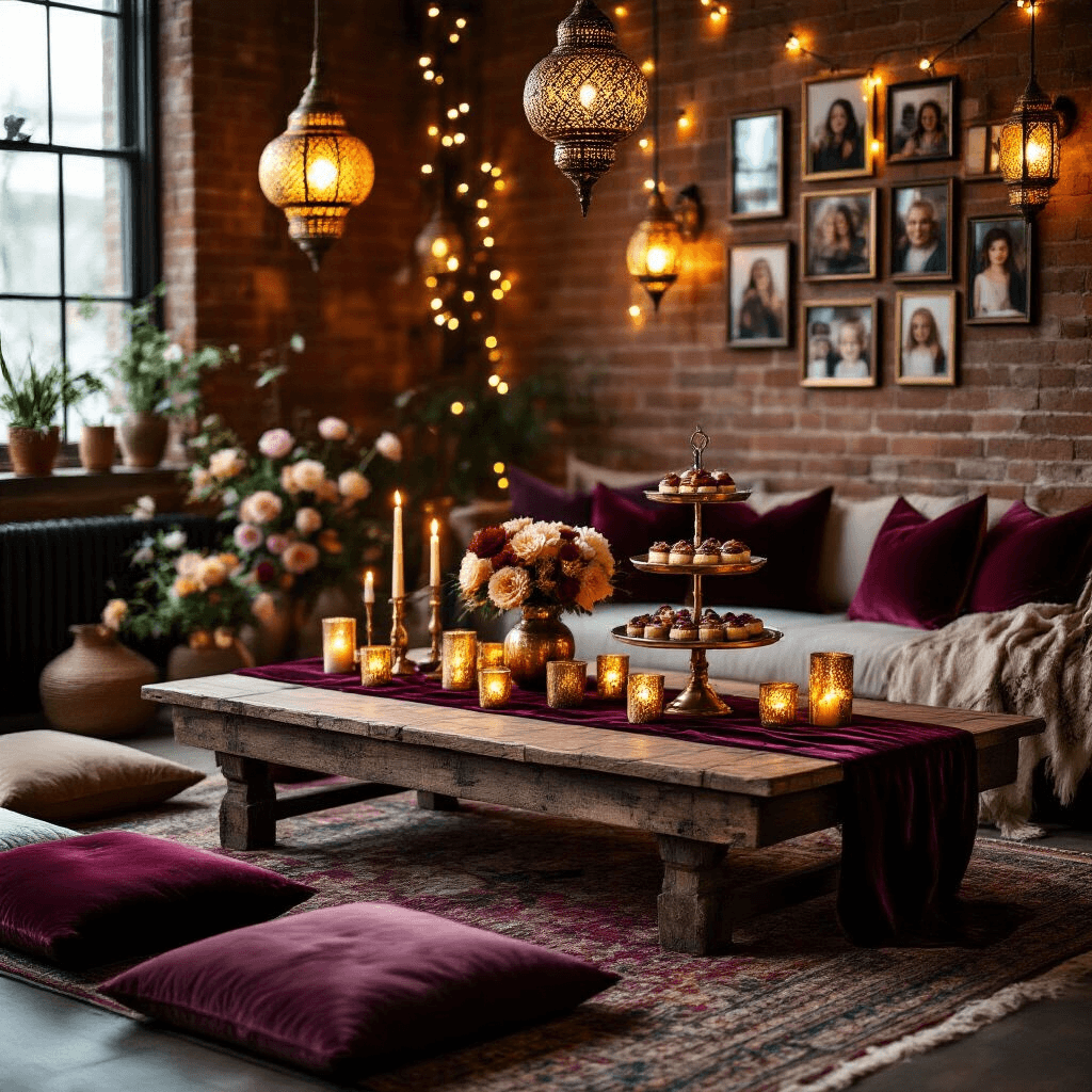 Coffee Tables with Drawers: A Perfect Blend of Style and Functionality Cinematic view of a cozy living room set for an evening celebration, featuring warm candlelight, a reclaimed wood coffee table with burgundy velvet runners and gold votives, jewel-tone floor cushions, a tiered cake stand of desserts, Moroccan lanterns, fresh dahlia arrangements, and a gallery wall with family photos wrapped in fairy lights.