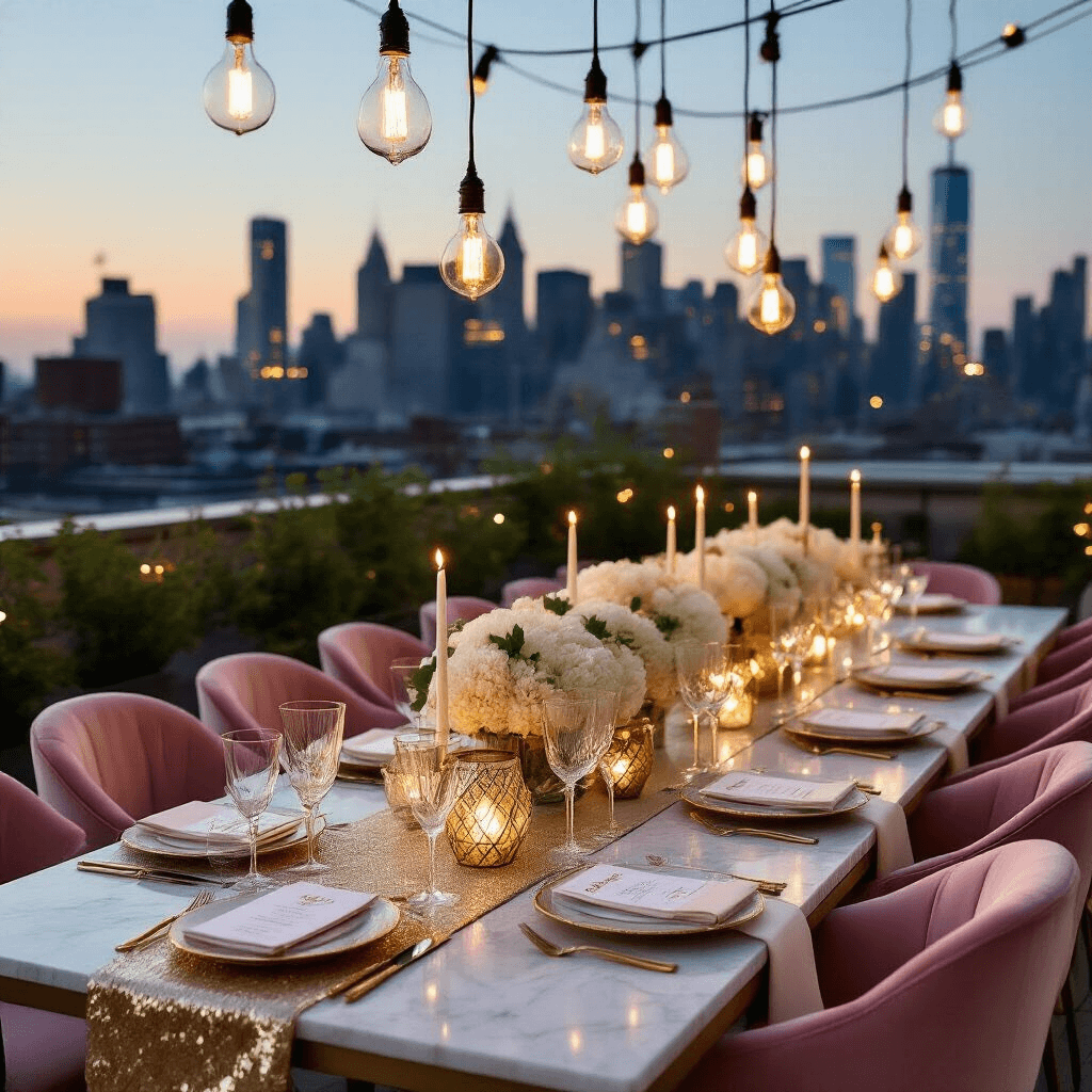 Coffee Tables with Drawers: A Perfect Blend of Style and Functionality Elegant rooftop terrace setup at night featuring a long marble-top table with ivory silk draping, gold sequin runners, crystal stemware, low white hydrangea arrangements in glass terrariums, blush pink velvet chairs, personalized gold calligraphy place cards, and glowing hurricane lanterns, with a twinkling city skyline in the background.
