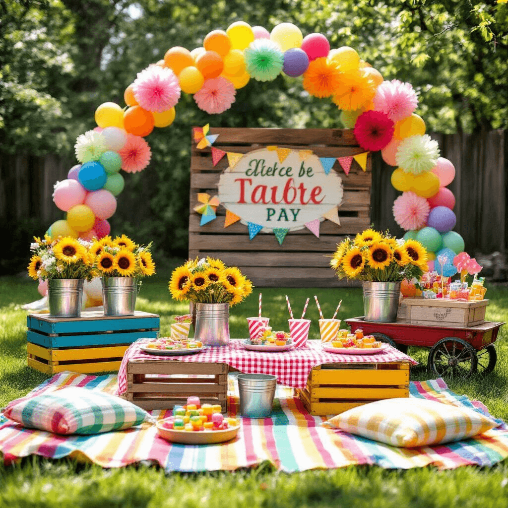 Coffee Tables with Drawers: A Perfect Blend of Style and Functionality A whimsical children's backyard party setup featuring picnic blankets, colorful crates, sunflowers, mason jar cups, and a DIY balloon arch, all adorned with playful decorations.