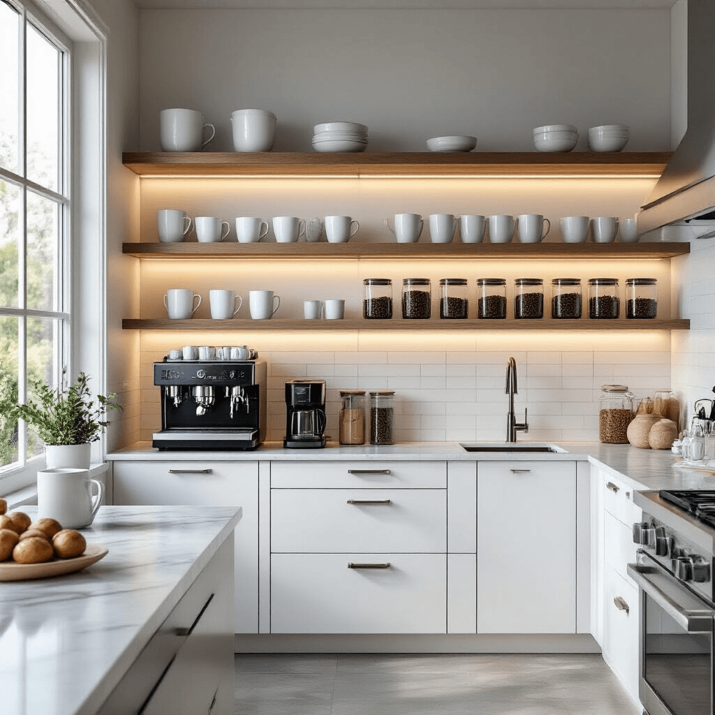 Built-In Coffee Bar Ideas That'll Transform Your Kitchen Into a Café Paradise Photorealistic wide-angle shot of a modern kitchen with a sleek built-in coffee bar, illuminated by soft morning light, featuring white cabinetry, marble countertops, organized storage, and elegant details like a stainless steel espresso machine and ceramic mugs.