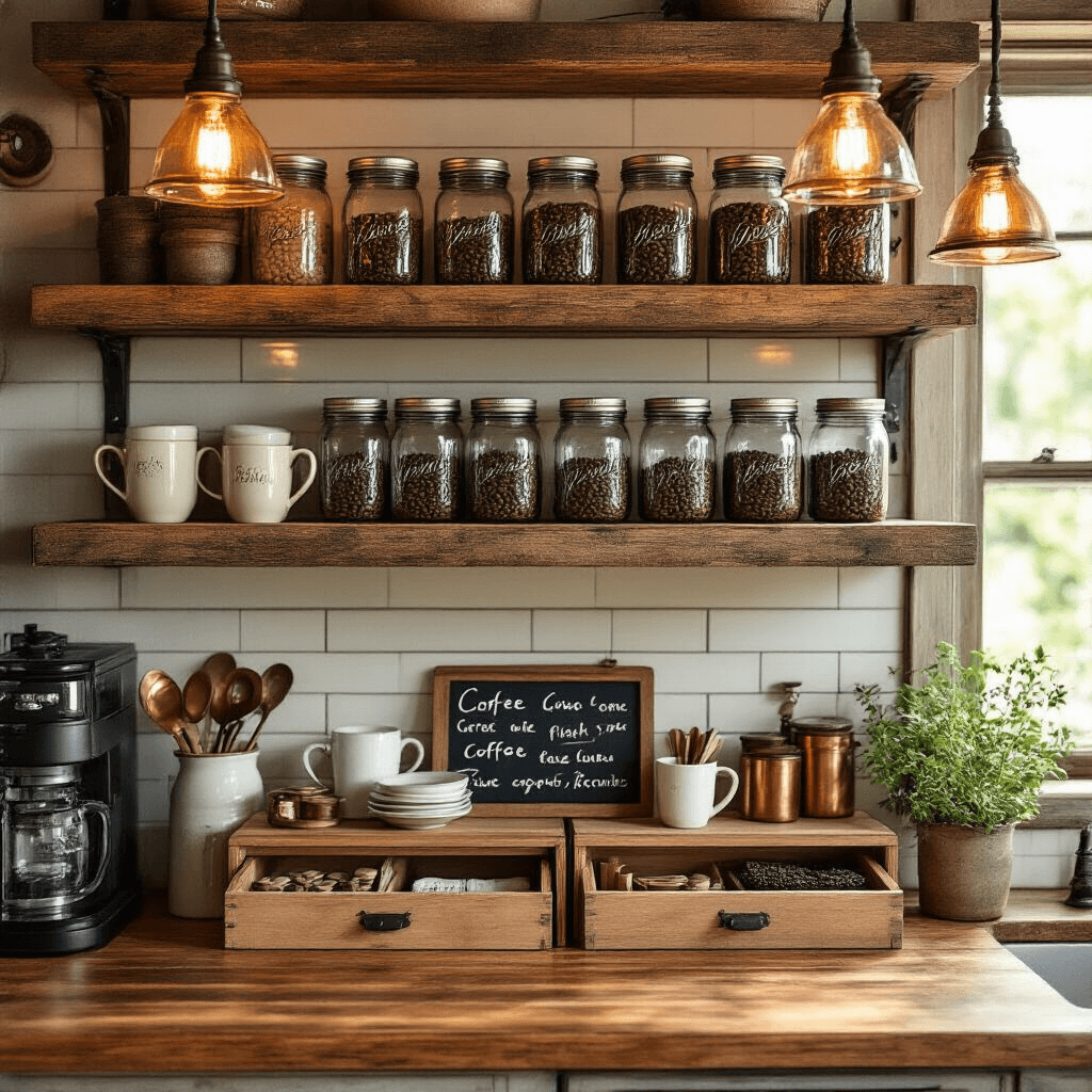 Built-In Coffee Bar Ideas That'll Transform Your Kitchen Into a Café Paradise Close-up shot of rustic coffee storage with mason jars of coffee beans on floating wood shelves, warm amber lighting, vintage mugs, copper spoons, chalkboard labels, organized drawers, cream subway tile, butcher block countertops, wrought iron hardware, and fresh herbs in jars, illuminated by afternoon sunlight.
