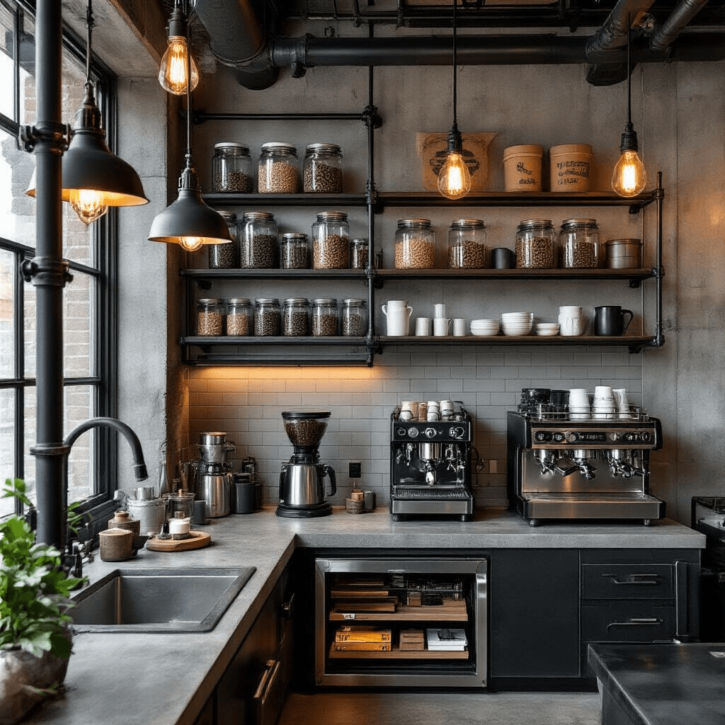 Built-In Coffee Bar Ideas That'll Transform Your Kitchen Into a Café Paradise Cinematic overhead view of an industrial-style coffee bar with concrete countertops, black metal pipe shelving, vintage coffee grinder, and a sleek espresso machine, highlighted by warm evening lighting and dramatic shadows.