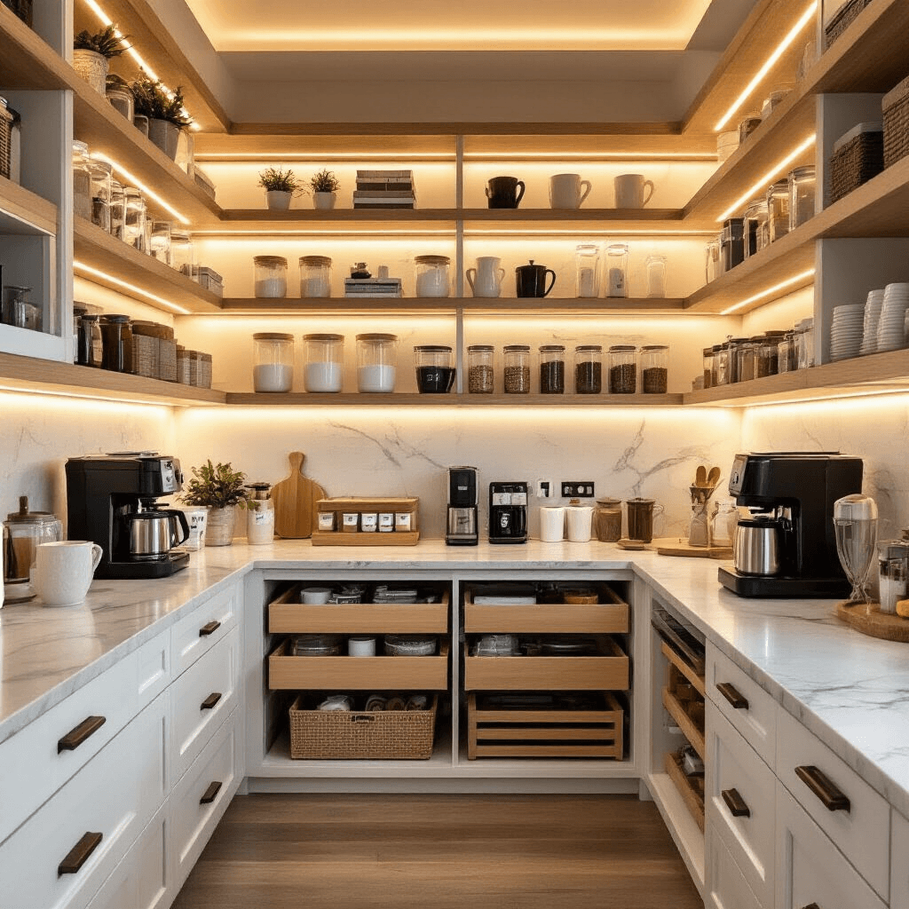 Built-In Coffee Bar Ideas That'll Transform Your Kitchen Into a Café Paradise Wide-angle shot of an organized pantry coffee bar with adjustable shelving, soft LED lighting, and clear acrylic containers, featuring a cozy café ambiance with marble-look quartz countertops and efficient storage solutions.