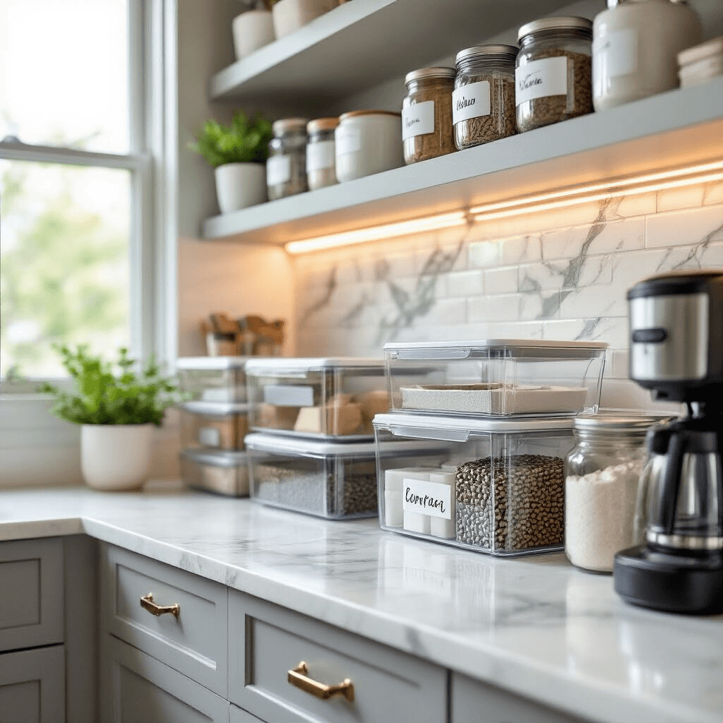 Built-In Coffee Bar Ideas That'll Transform Your Kitchen Into a Café Paradise Close-up of an organized budget-friendly coffee bar featuring stackable clear storage containers, peel-and-stick marble-look backsplash tiles, and warm battery-operated LED strip lighting, highlighting soft gray painted cabinets with geometric-patterned drawer liners and elegant labeled glass jars, all bathed in natural light.