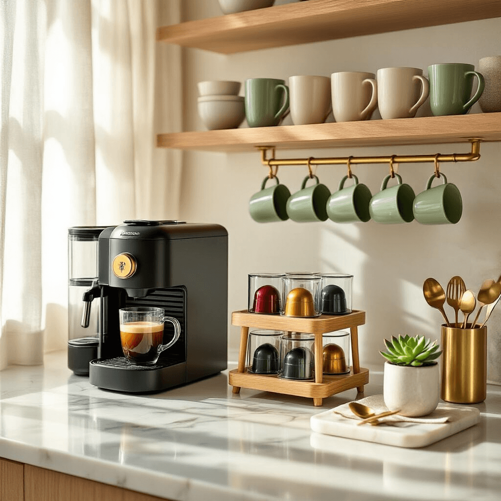 Transform Your Morning Ritual: Creating an Instagram-Worthy Nespresso Coffee Station A stylish coffee station in a sunlit modern kitchen, featuring a black Nespresso machine, colorful coffee pods on bamboo risers, ceramic mugs, a potted succulent, and elegant brass fixtures, all enhanced by warm golden hour light.