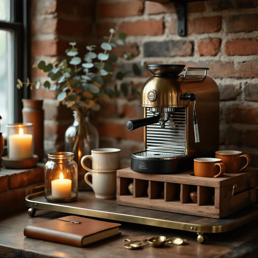 Transform Your Morning Ritual: Creating an Instagram-Worthy Nespresso Coffee Station Close-up detail of a cozy coffee nook featuring a rolling brass cart, copper Nespresso machine, handmade ceramic mugs, and dried eucalyptus sprigs, all illuminated by warm candlelight against exposed brick walls.