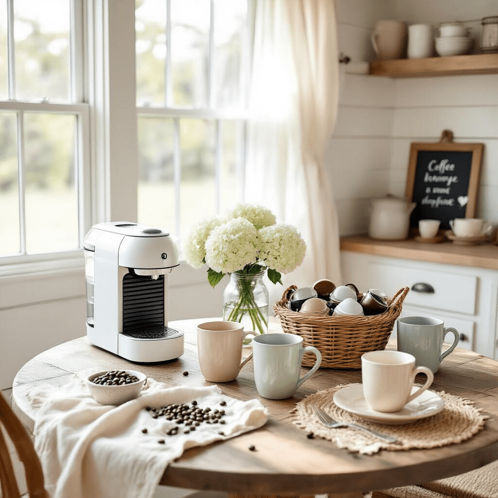 Transform Your Morning Ritual: Creating an Instagram-Worthy Nespresso Coffee Station Bright and airy breakfast nook coffee station with a white farmhouse kitchen, featuring a round reclaimed wood table, a Nespresso machine, assorted coffee pods, vintage mugs, hydrangeas in a mason jar, and charming decor details like coffee beans and lace doilies, all illuminated by soft morning sunlight.
