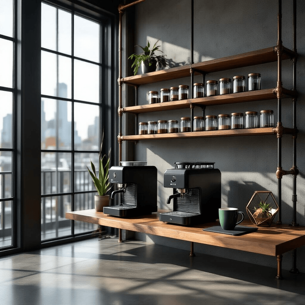 Transform Your Morning Ritual: Creating an Instagram-Worthy Nespresso Coffee Station A minimalist urban coffee station in a loft with floor-to-ceiling windows, featuring a matte black Nespresso machine, live-edge walnut shelf, industrial pipe shelving with color-coordinated coffee pods, a deep forest green mug on a black slate board, copper pipe accents, and an air plant in a geometric terrarium, illuminated by dramatic afternoon light casting geometric shadows.