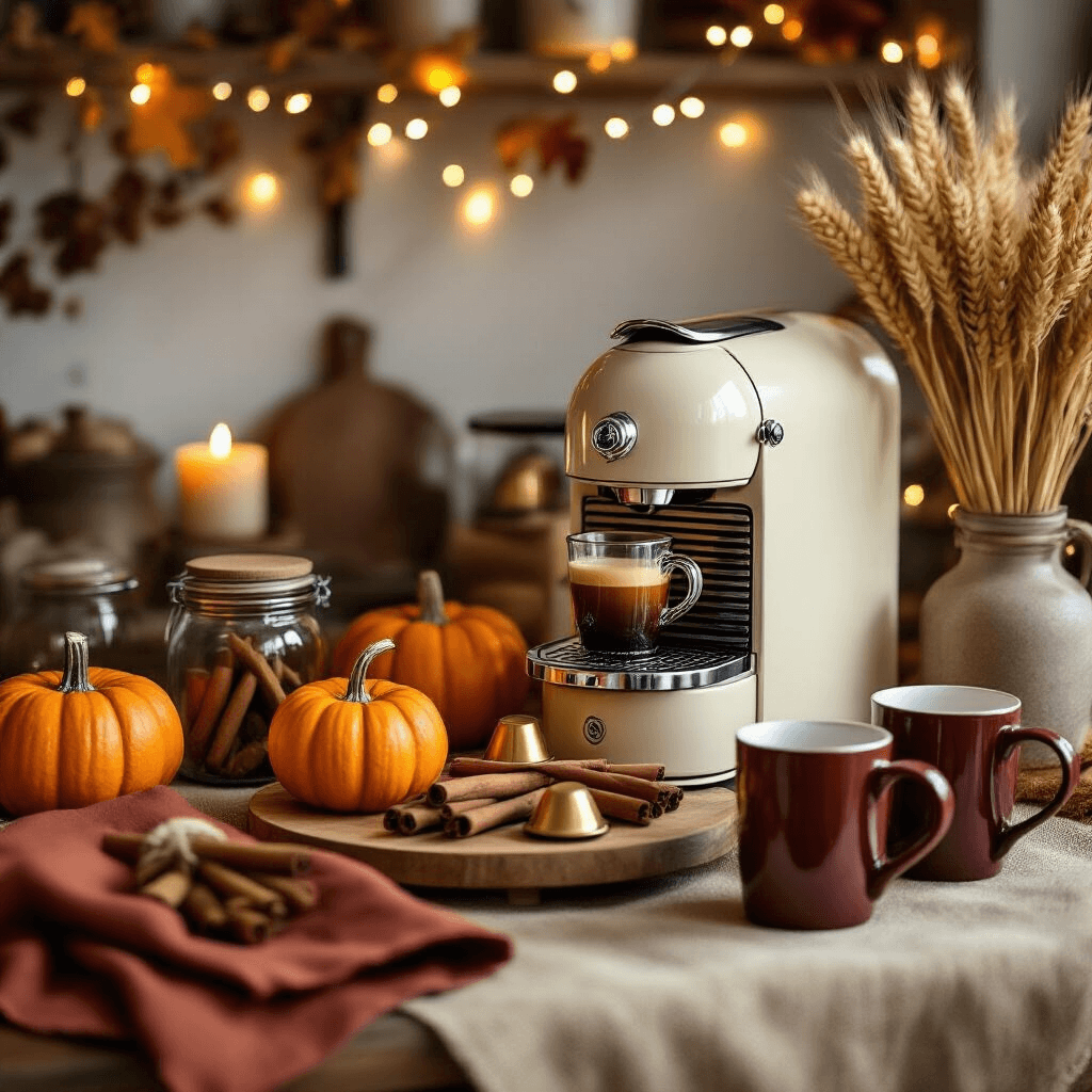 Transform Your Morning Ritual: Creating an Instagram-Worthy Nespresso Coffee Station Cozy autumn coffee setup in a kitchen nook with warm fairy lights, vintage Nespresso machine, pumpkins, cinnamon sticks, seasonal coffee pods, and rustic decor, all illuminated by candlelight.