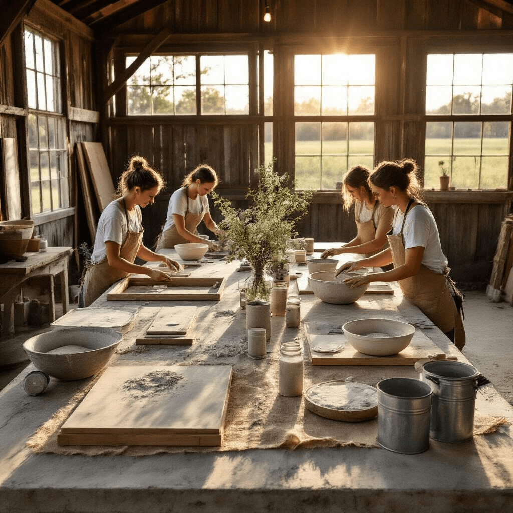 My Journey to Finding the Perfect Concrete Coffee Table: DIY vs Store-Bought Overhead view of a rustic barn workshop with weathered wood tables arranged in a U-shape, displaying stages of concrete coffee table construction. Soft sunlight filters through barn windows, illuminating participants working with concrete materials, while mason jar centerpieces and burlap runners enhance the industrial-chic ambiance.