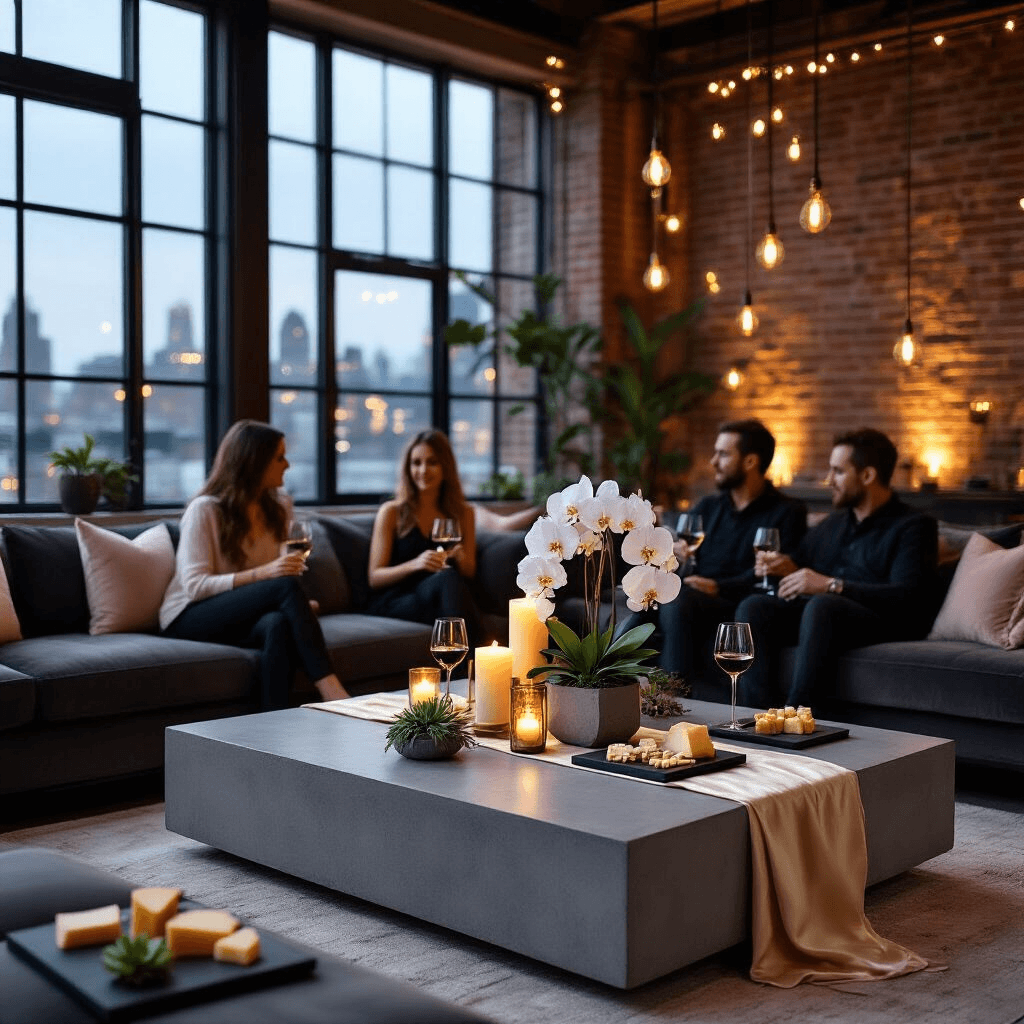 My Journey to Finding the Perfect Concrete Coffee Table: DIY vs Store-Bought Elegant modern apartment living room featuring a GFRC concrete coffee table with pillar candles, silk table runner, and white orchids, as guests enjoy wine and cheese on plush sofas, illuminated by city lights and warm pendant lighting.