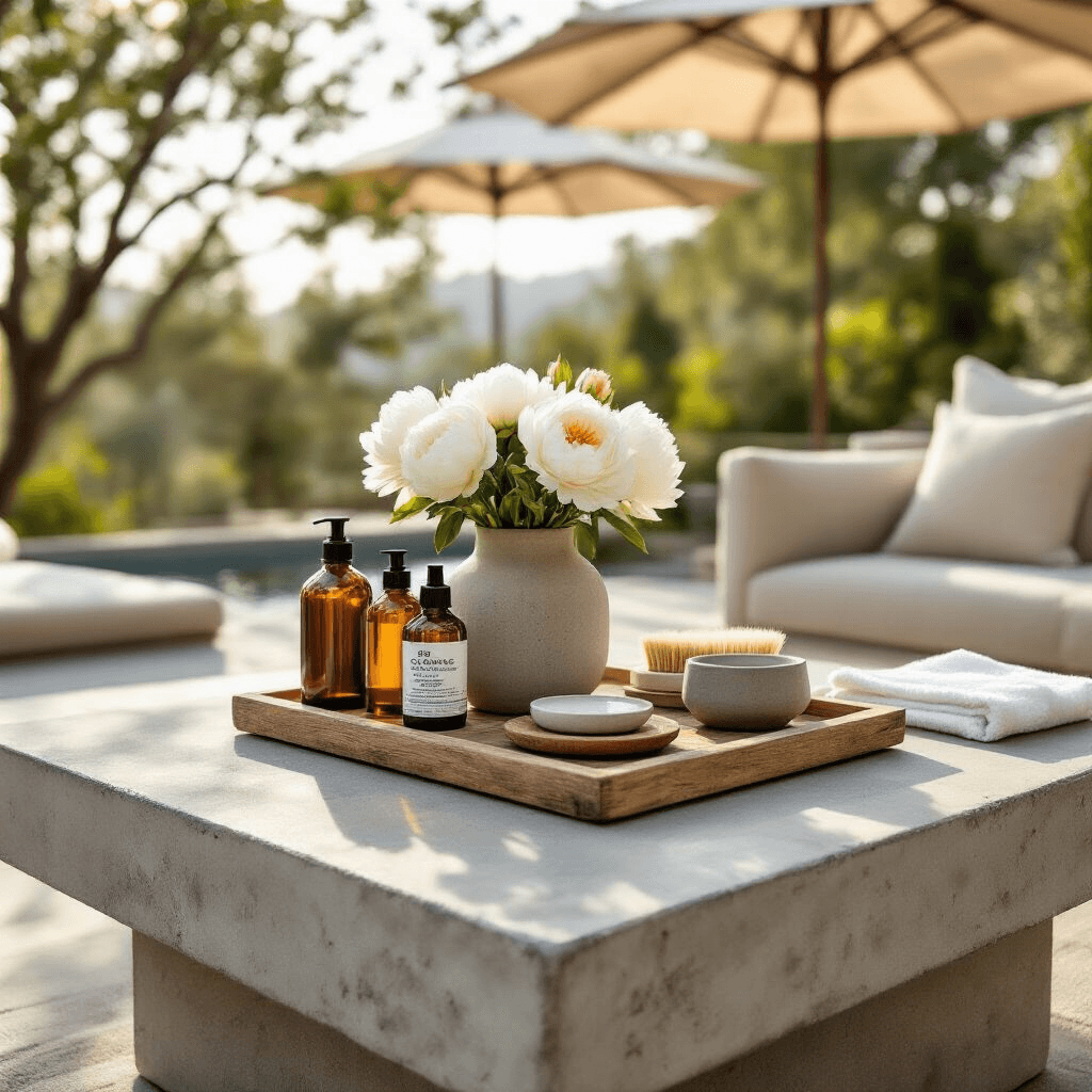 My Journey to Finding the Perfect Concrete Coffee Table: DIY vs Store-Bought Close-up of a maintenance setup on a terrace featuring a weathered concrete coffee table, showcasing sealing products, microfiber cloths, brushes, and stain samples, with fresh white peonies as the centerpiece and protective coasters displaying water rings; dappled sunlight and decorative elements add warmth to the scene.