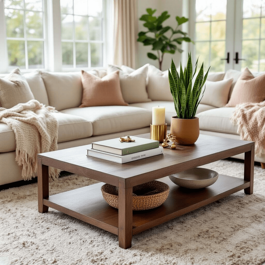 My Living Room Felt Incomplete Until I Found the Perfect Rectangular Coffee Table A modern living room vignette featuring a walnut coffee table with books and a snake plant, set between a cream sectional sofa and armchair, illuminated by morning light through large windows.