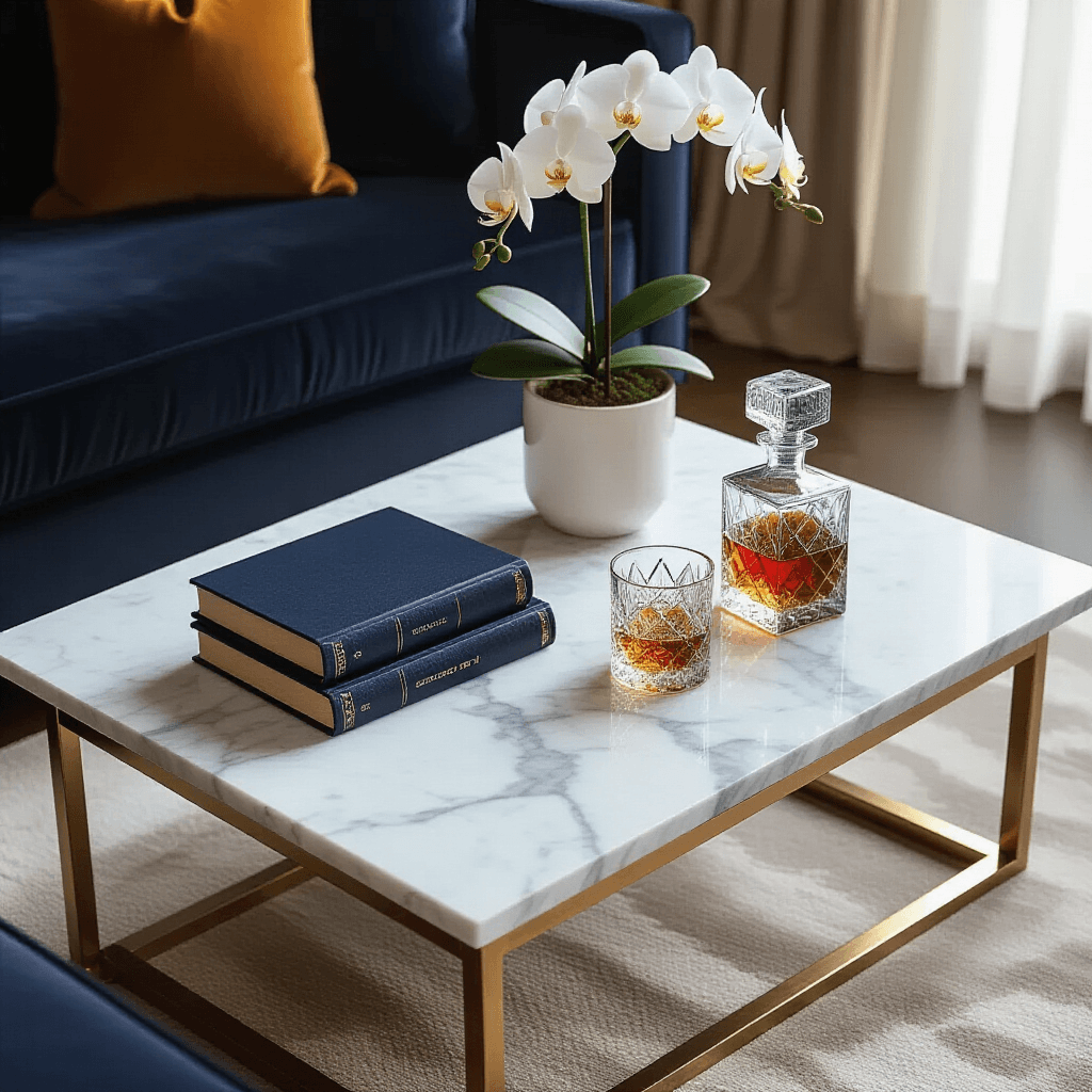 My Living Room Felt Incomplete Until I Found the Perfect Rectangular Coffee Table Elegant rectangular marble coffee table styled for entertaining in a luxurious apartment living room during golden hour, featuring white Carrara marble with gray veining, brushed brass geometric legs, leather-bound books, a crystal decanter with whiskey, matching lowball glasses, a small orchid, and a soft cashmere throw over a charcoal velvet sofa.