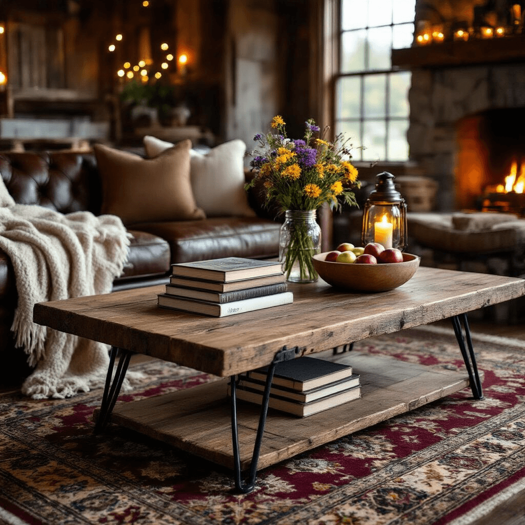 My Living Room Felt Incomplete Until I Found the Perfect Rectangular Coffee Table Cozy farmhouse living room with rustic reclaimed wood coffee table, warm candlelit ambiance, vintage Persian rug, and string lights, featuring stacked novels, wildflower mason jar, brass lantern, and fresh apples, complemented by a distressed leather sofa and stone fireplace.