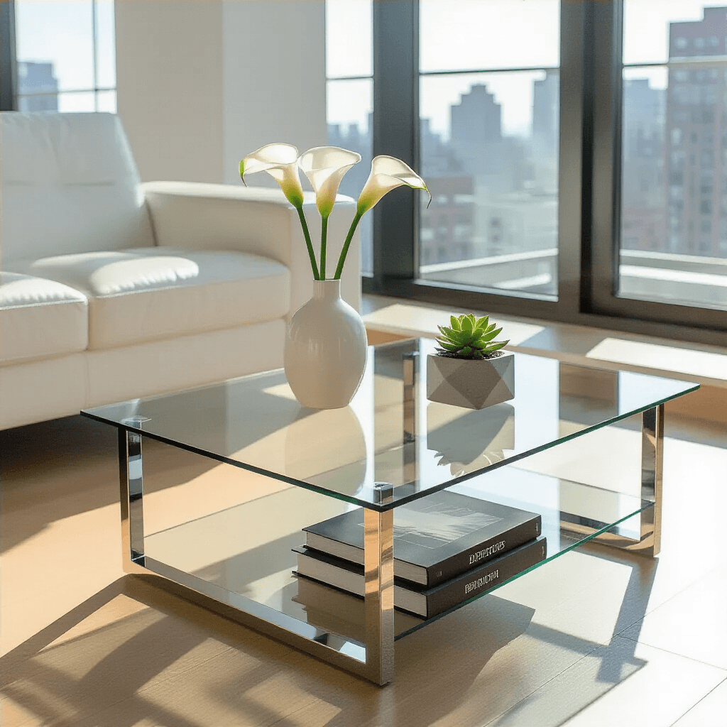 My Living Room Felt Incomplete Until I Found the Perfect Rectangular Coffee Table A modern glass coffee table with polished chrome legs in a minimalist apartment, featuring a white ceramic vase with calla lilies, a large photography book, and a small succulent in a concrete planter, all set against a backdrop of a white leather sectional and urban cityscape visible through floor-to-ceiling windows.