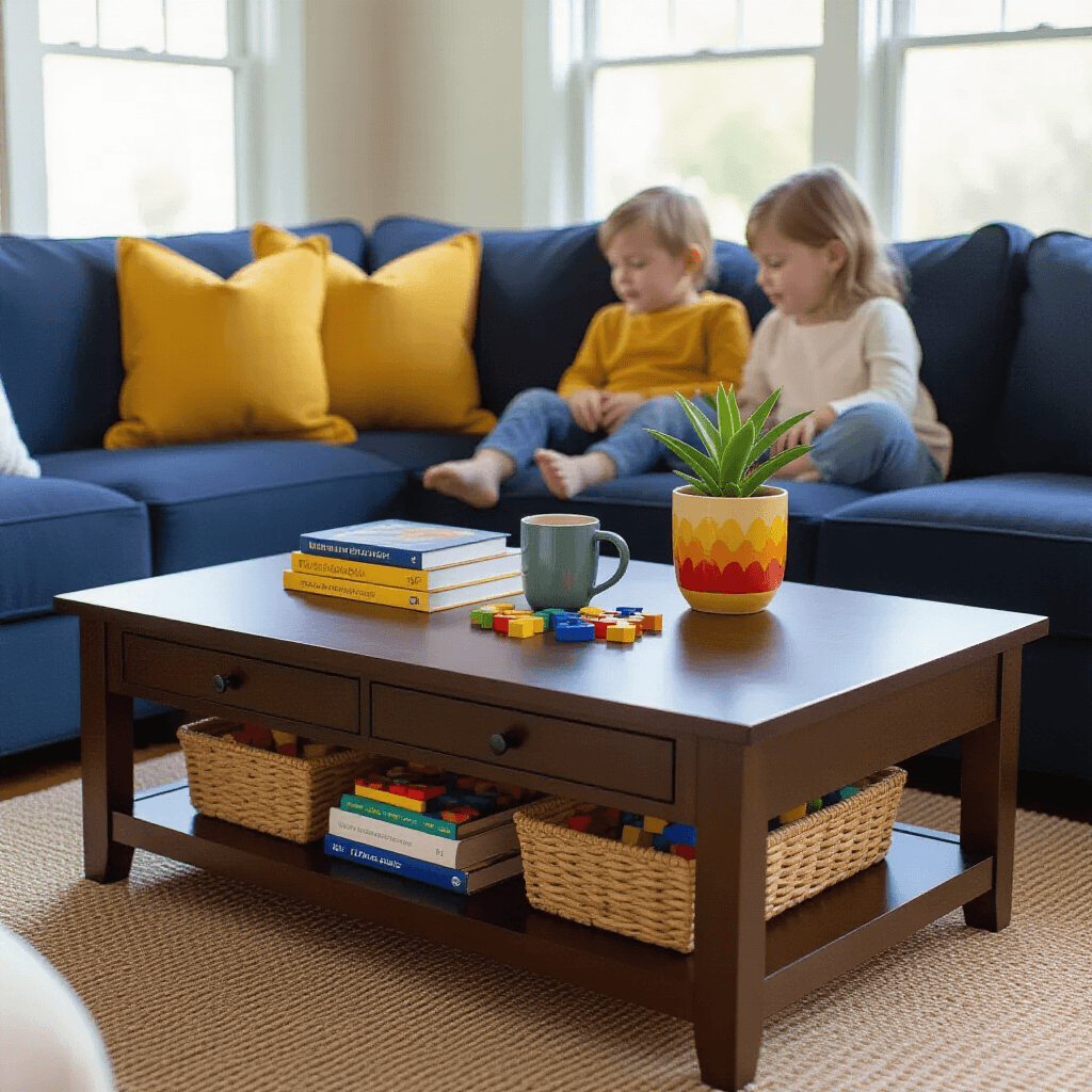 My Living Room Felt Incomplete Until I Found the Perfect Rectangular Coffee Table A warm and inviting living room with a dark walnut coffee table featuring soft-close drawers and a lower shelf, surrounded by a navy blue sectional. The table is adorned with children's books, wooden puzzles, a ceramic mug, and a colorful potted plant, while the sofa boasts mustard yellow and cream pillows. Woven baskets on the shelf hold organized toys, all illuminated by natural light that highlights the table's finish and safety edges.