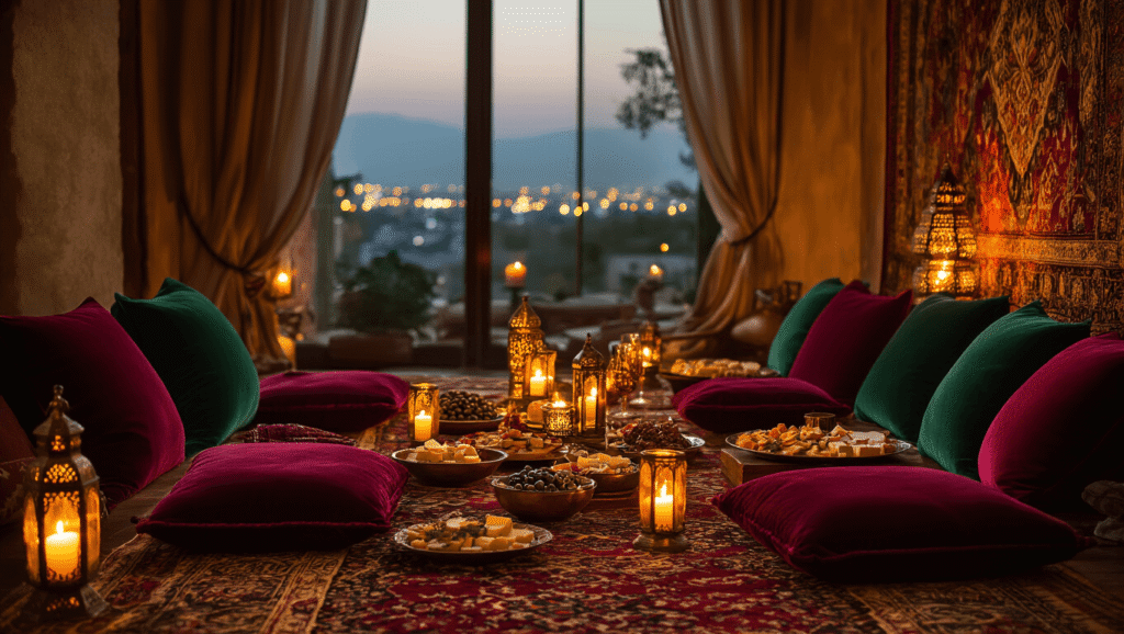 Article Outline for Home Decor: Guidelines and Suggestions Candlelit dinner party scene with jewel-toned velvet cushions, low wooden tables, flickering Moroccan lanterns, and mezze platters, all set on ornate Persian rugs under a warm golden light, creating an intimate and cozy atmosphere.