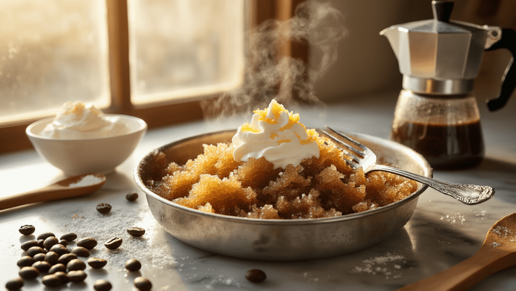 Coffee Granita: The Italian Frozen Coffee Dessert That Beats Any Summer Heat Cinematic overhead view of coffee granita in a shallow metal pan with espresso crystals, topped with whipped cream, a vintage moka pot steaming in the background, scattered coffee beans, lemon zest, and powdered sugar, all illuminated by warm golden hour light in a cozy Italian kitchen setting.