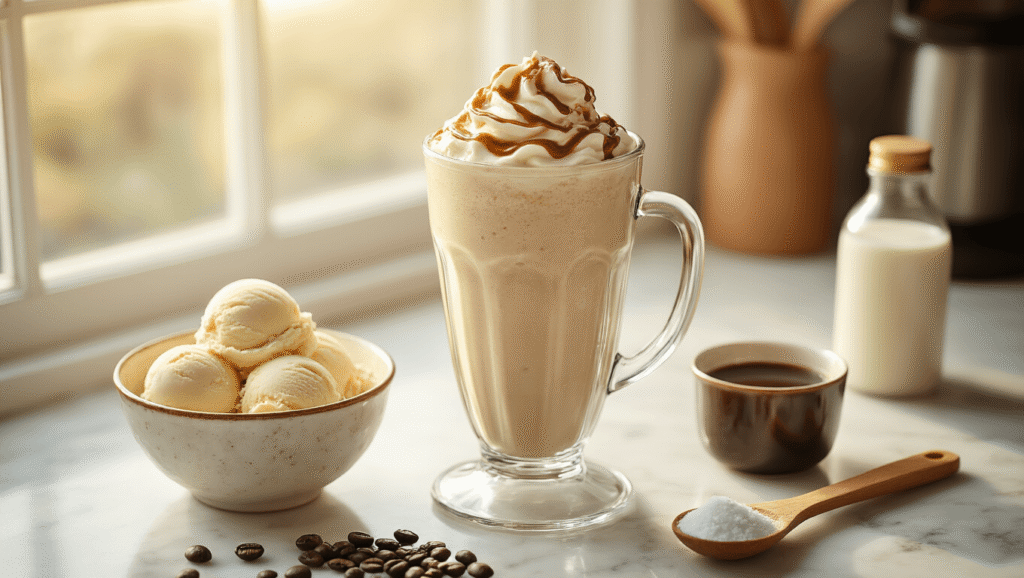 Coffee Milkshake: The 5-Minute Café Treat You Can Make at Home Cinematic overhead shot of coffee milkshake preparation, featuring a glass blender pitcher with creamy caramel mixture, vintage ceramic bowl with vanilla ice cream, and warm afternoon lighting on a marble countertop.