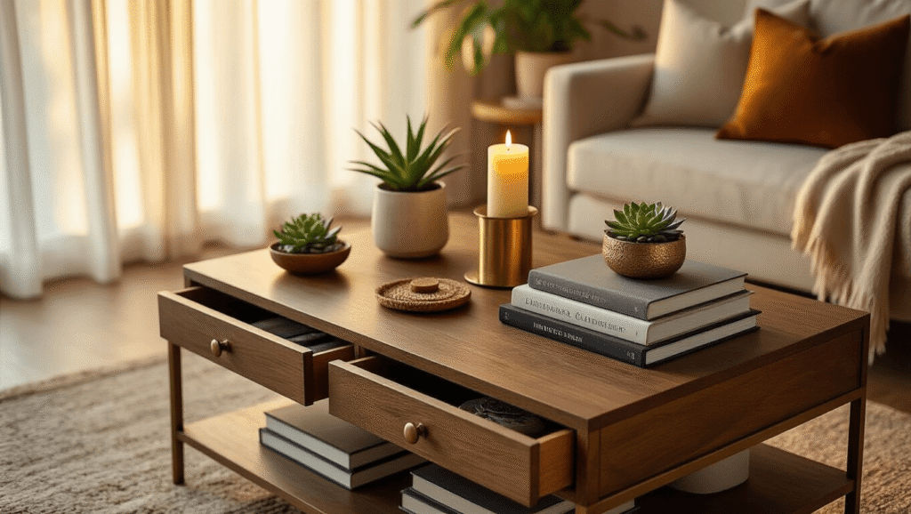 Coffee Tables with Drawers: A Perfect Blend of Style and Functionality Cinematic overhead view of an elegantly styled coffee table with open drawers, displaying organized storage, stacked coffee table books, flickering candles, succulents, and coasters, bathed in warm golden hour light in a cozy living room.