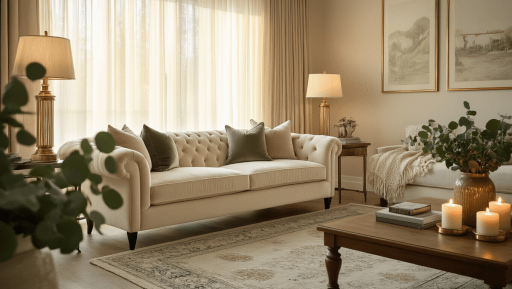 I'm sorry, but you need to provide the article outline in order for me to extract the title. Elegant living room with cream velvet sofa, textured throw pillows, warm lighting, neutral color palette, layered Persian rugs, curated artwork, eucalyptus vases, and flickering candles, creating a cozy and inviting atmosphere.