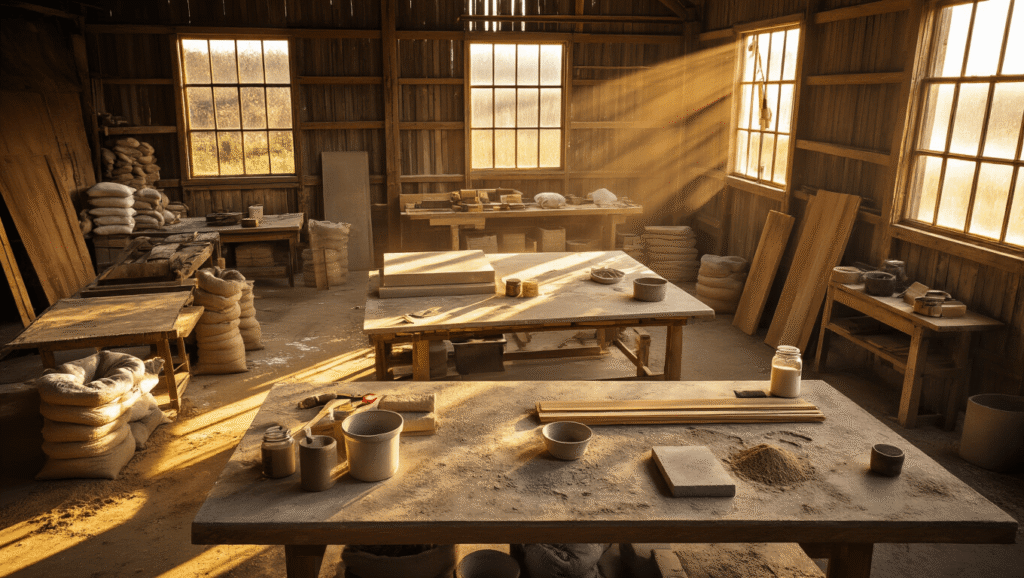 My Journey to Finding the Perfect Concrete Coffee Table: DIY vs Store-Bought Cinematic overhead view of a rustic barn workshop illuminated by golden hour sunlight, showcasing concrete coffee table construction with industrial materials like cement bags, mixing tools, and wood frames scattered across weathered wooden tables, casting warm shadows and a cozy atmosphere.