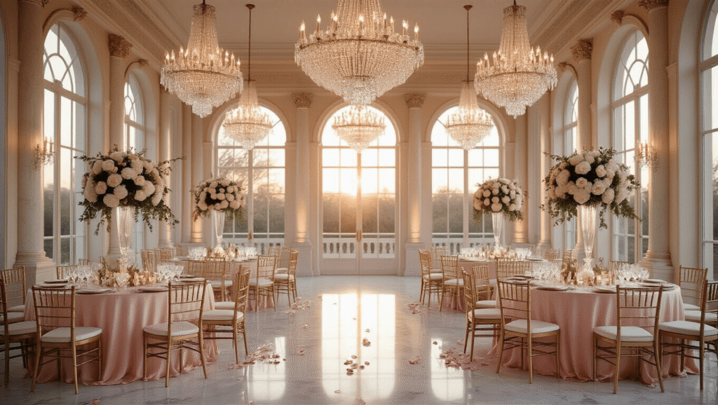 Comprehensive Guide to Home Decor: Crafting Your Dream Space Step by Step Elegant ballroom interior at golden hour with blush pink silk linens, crystal chandeliers, polished marble floors, and tall floral centerpieces, creating a romantic and sophisticated atmosphere.