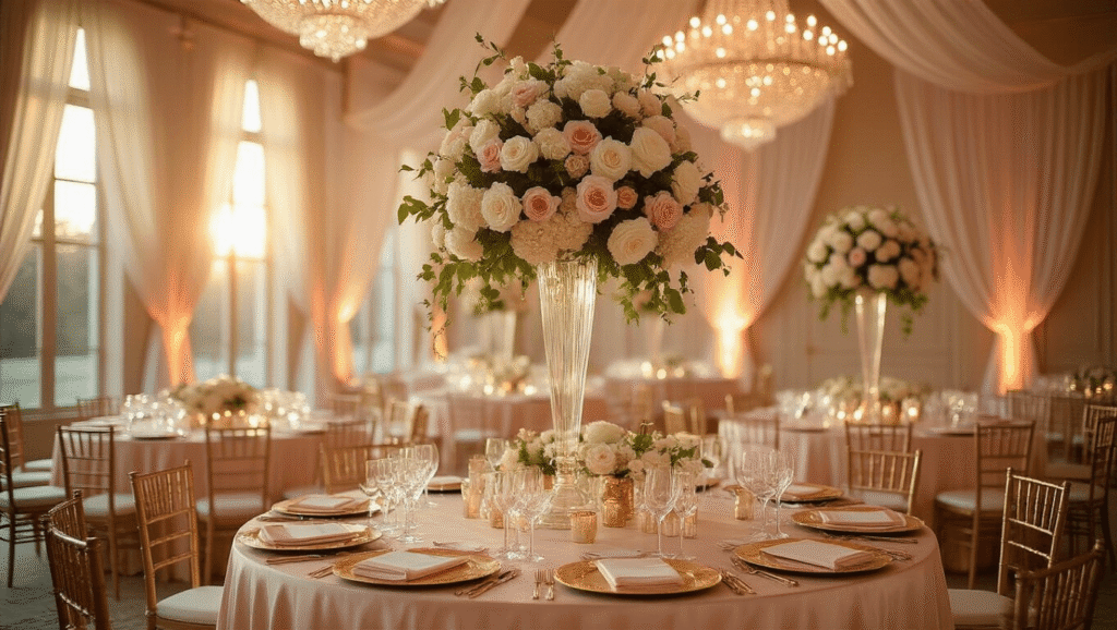 All Stainless Steel Coffee Makers with No Plastic Elegant ballroom reception during golden hour, featuring blush pink silk linens, cream overlays, sparkling crystal chandeliers, floral centerpieces with white roses, gold-rimmed charger plates, and soft ivory drapery, creating a romantic and sophisticated atmosphere.