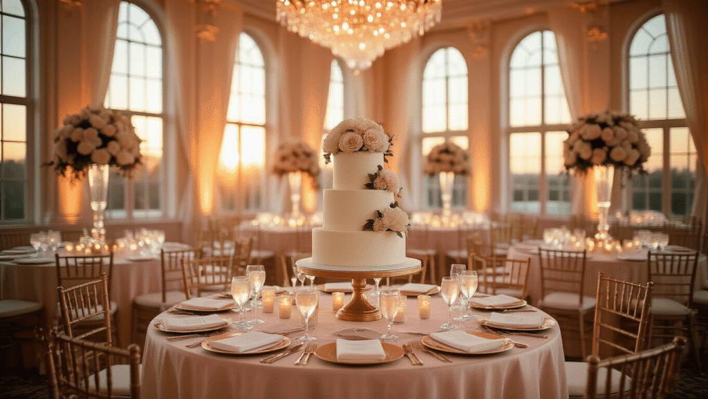 There is a Disconnect in Your Request Cinematic wide-angle shot of an elegant ballroom wedding reception at golden hour, featuring blush pink and gold decor, crystal chandeliers, floral centerpieces, and a three-tiered wedding cake, with warm amber sunlight illuminating the scene.