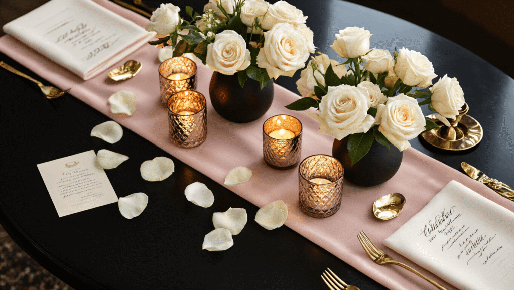 "Tips for Stylishly Decorating a Black Coffee Table" Cinematic overhead view of an elegant black coffee table set for a luxury event, featuring a silk blush pink runner, mercury glass votives with candles, fresh white roses in matte black vessels, gold-rimmed glassware, ivory napkins, brass candlesticks, scattered rose petals, and vintage calligraphy cards, all illuminated by soft golden hour lighting.