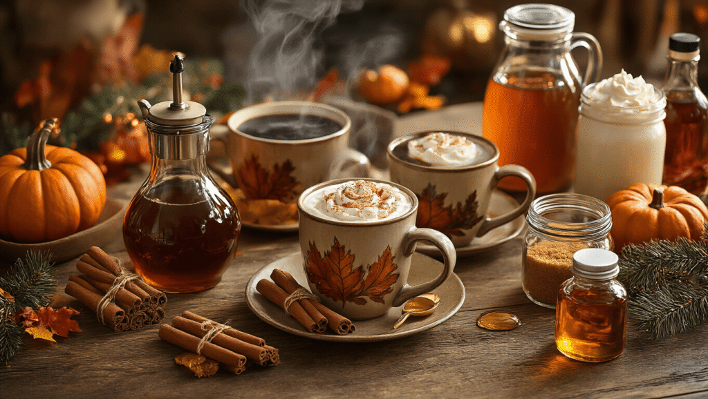 How to Set Up a Cozy Fall Coffee Bar That Will Make Your Guests Never Want to Leave Cinematic overhead view of an elegant fall coffee bar with steaming coffee in autumn-themed ceramic mugs, golden maple syrup and pumpkin spice dispensers, cinnamon sticks, brown sugar in mason jars, whipped cream, honey sticks, and vanilla extract bottles, all on a rustic wood surface adorned with mini pumpkins and copper accents, illuminated by warm golden hour lighting.
