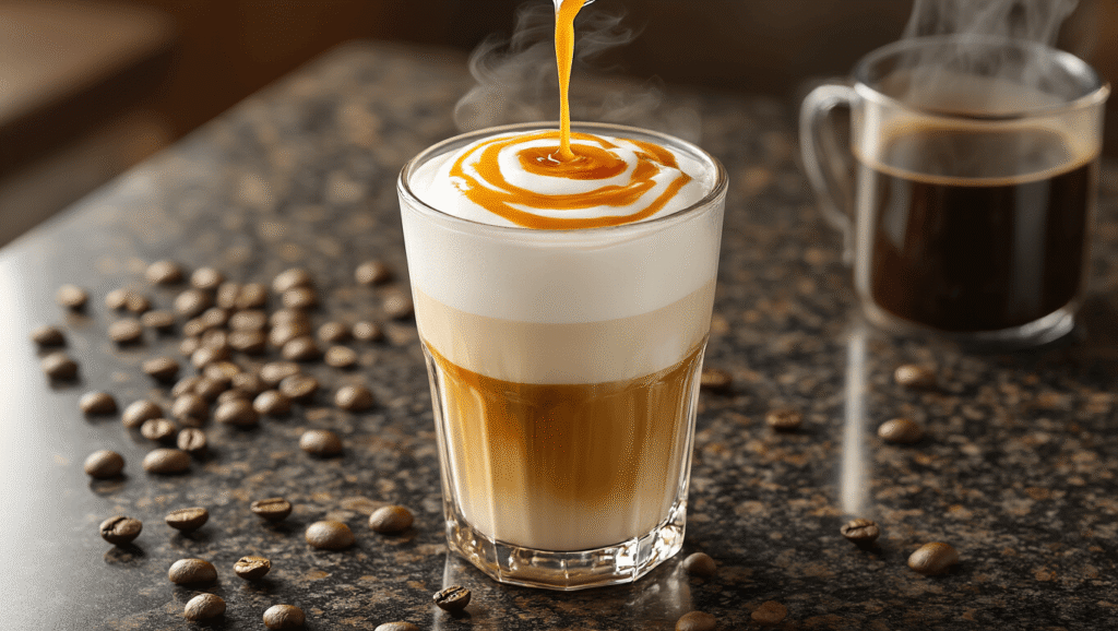 Iced Espresso Macchiato: The Only Guide You'll Ever Need A tall clear glass filled with cold milk and ice cubes, layered with golden espresso and topped with creamy foam, set on a dark granite countertop with scattered coffee beans and warm amber lighting.