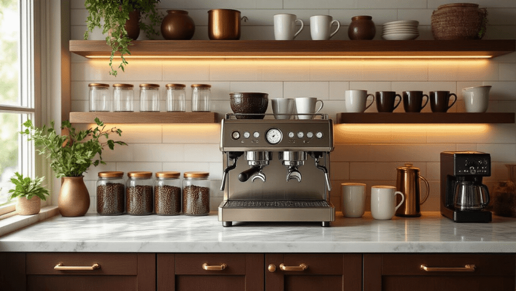 Built-In Coffee Bar Ideas That'll Transform Your Kitchen Into a Café Paradise Luxurious built-in coffee bar with marble countertops and espresso cabinetry, illuminated by soft morning light, featuring organized coffee containers, ceramic mugs, and a stainless steel espresso machine against a warm kitchen backdrop.