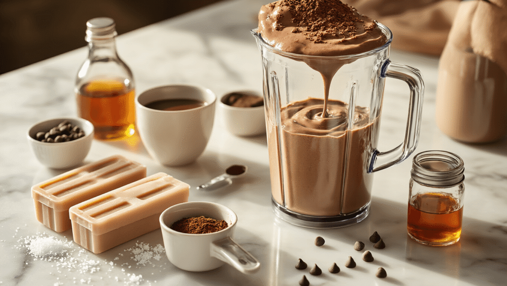 Mocha Popsicles: Rich Coffee-Chocolate Frozen Treats Cinematic close-up of rich dark mocha mixture in a sleek glass blender, with natural golden morning light illuminating cocoa powder, coffee grounds, and sea salt on a white marble countertop, popsicle molds and a coffee cup with steam nearby, creating an inviting cafe-style atmosphere.