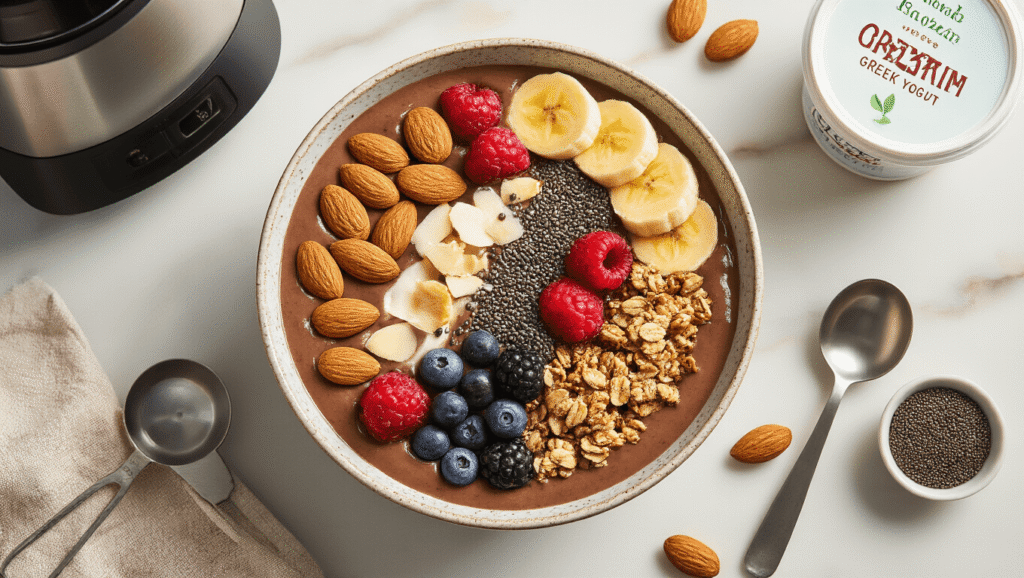 Mocha Smoothie Bowl Recipe: Your 5-Minute Coffee Shop Breakfast at Home Cinematic overhead view of a thick chocolate-coffee smoothie bowl topped with sliced almonds, banana rounds, mixed berries, granola, coconut flakes, and chia seeds, on a marble counter with warm lighting and a high-powered blender nearby.