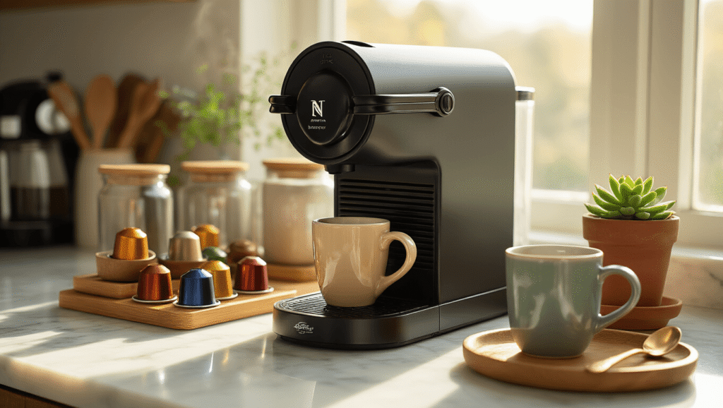 Transform Your Morning Ritual: Creating an Instagram-Worthy Nespresso Coffee Station A sleek black Nespresso coffee machine on a white marble countertop, surrounded by colorful coffee pods on wood risers, elegant earth-toned ceramic mugs, a small succulent in a terra cotta pot, and vintage coffee spoons on a brass spoon rest, all bathed in warm golden hour light with gentle shadows and a cozy breakfast nook feel.