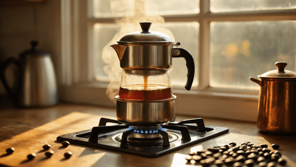 Why Your Percolator Coffee Maker Might Be the Game-Changer Your Morning Routine Desperately Needs Cinematic close-up of a stainless steel stovetop percolator brewing on a gas burner, with steam rising from the glass dome and warm morning light illuminating a rustic kitchen countertop scattered with coffee beans.
