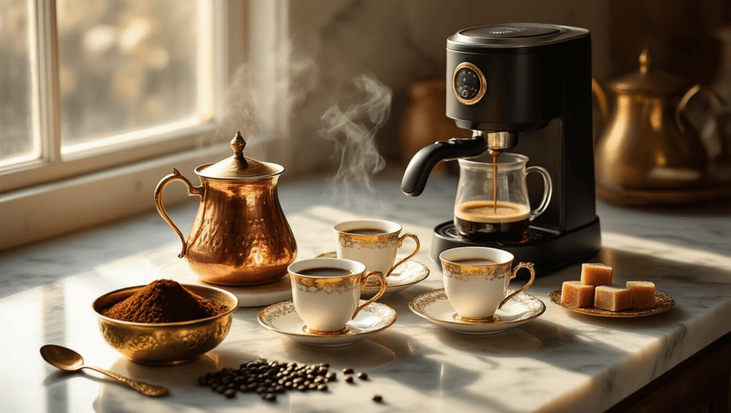 Finding the Perfect Turkish Coffee Maker: Your Complete Guide to Authentic Brewing at Home Cinematic overhead view of a marble kitchen counter showcasing a traditional copper cezve, modern electric Turkish coffee maker, and coffee brewing machine, with rich coffee grounds, delicate porcelain cups, and Turkish delight nearby, all illuminated by warm golden hour lighting.