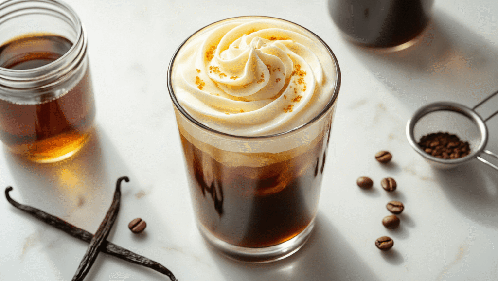 Vanilla Sweet Cream Cold Brew: The Copycat Recipe That'll Save You $5 Every Morning A tall glass of dark amber cold brew coffee topped with vanilla sweet cream, featuring golden vanilla bean specks, on a white marble surface with coffee beans and a vanilla pod, all illuminated by warm natural light.