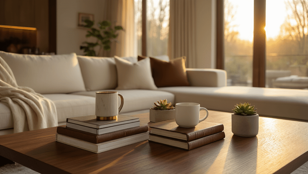 My Living Room Felt Incomplete Until I Found the Perfect Rectangular Coffee Table Elegant walnut rectangular coffee table styled with books and decor in a modern living room, bathed in warm golden hour light, with a cream sectional sofa and cozy atmosphere.