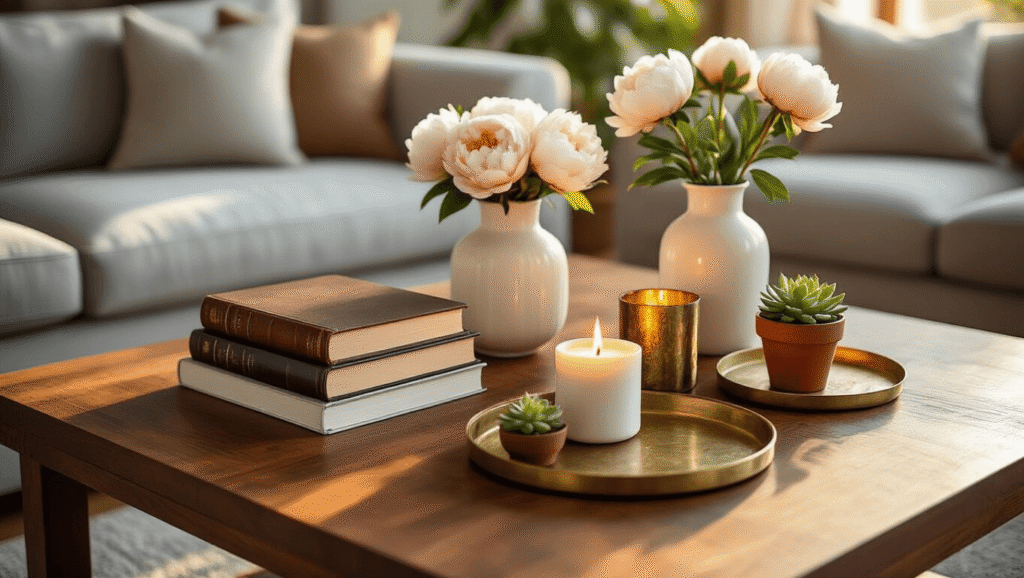 Square Coffee Tables: Your Complete Guide to Finding the Perfect Centerpiece Photorealistic close-up of a walnut square coffee table styled with leather-bound books, a white ceramic vase of peonies, brass candle holders, a succulent in a terracotta pot, and a vintage brass tray, illuminated by warm golden hour sunlight.