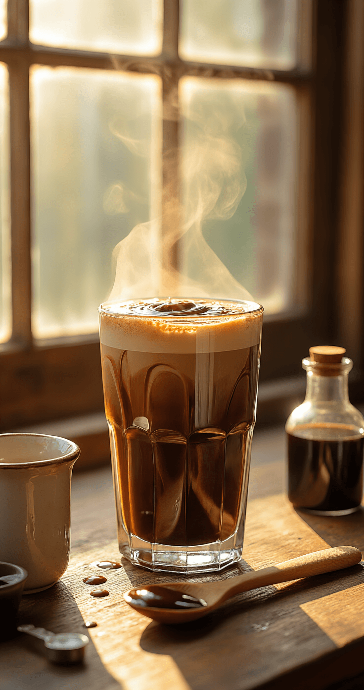 Iced Coconut Mocha: Rich, Creamy, and Ready in 10 Minutes A tall glass filled with espresso and chocolate sauce swirls together in warm sunlight, with a wooden spoon beside it and vintage measuring spoons nearby on a rustic countertop.