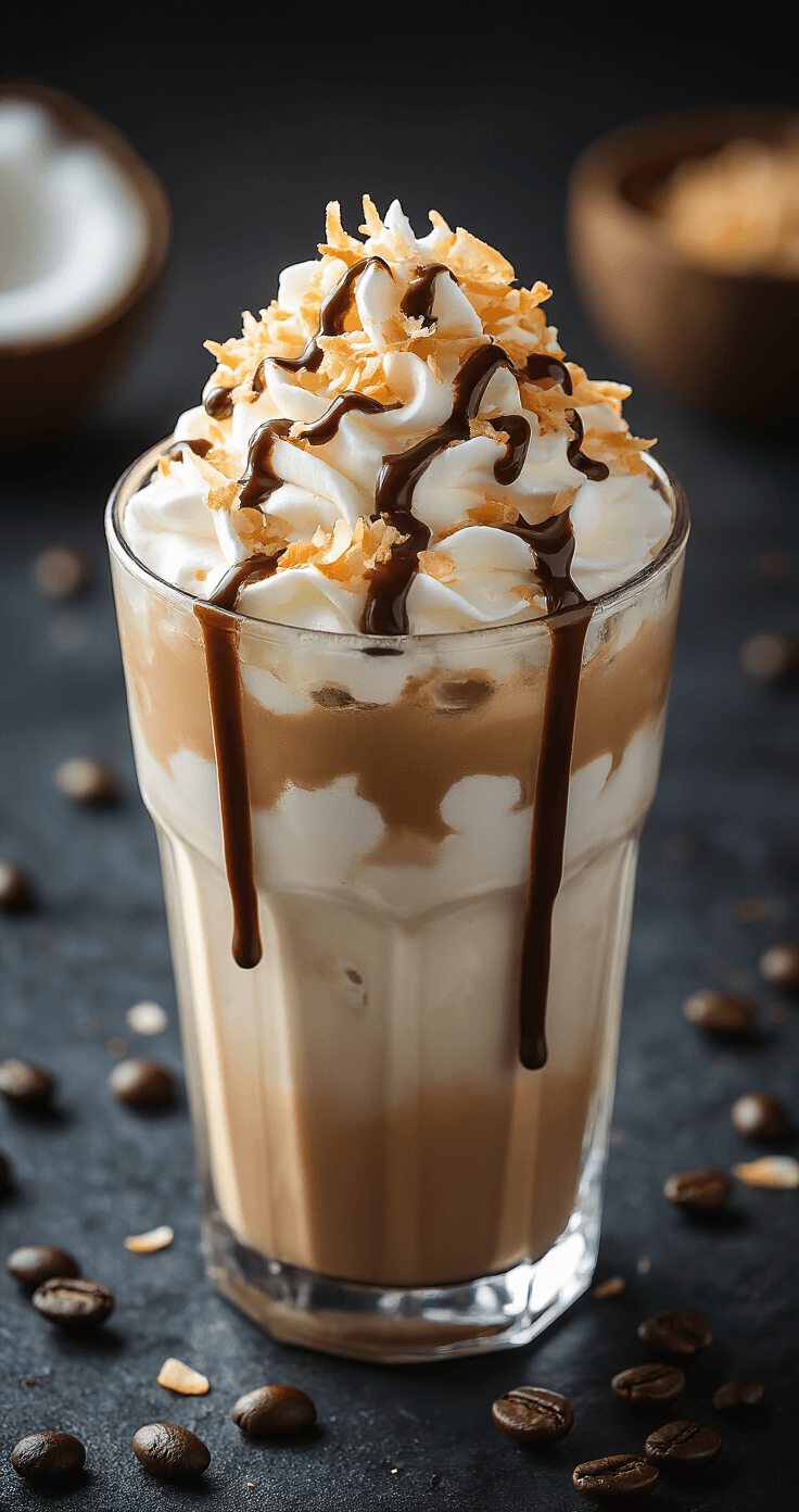 Iced Coconut Mocha: Rich, Creamy, and Ready in 10 Minutes An overhead shot of an iced coconut mocha featuring creamy layers of coconut milk, coffee, and chocolate, topped with toasted coconut flakes and drizzled chocolate sauce, all set against a dark slate background with coffee beans.