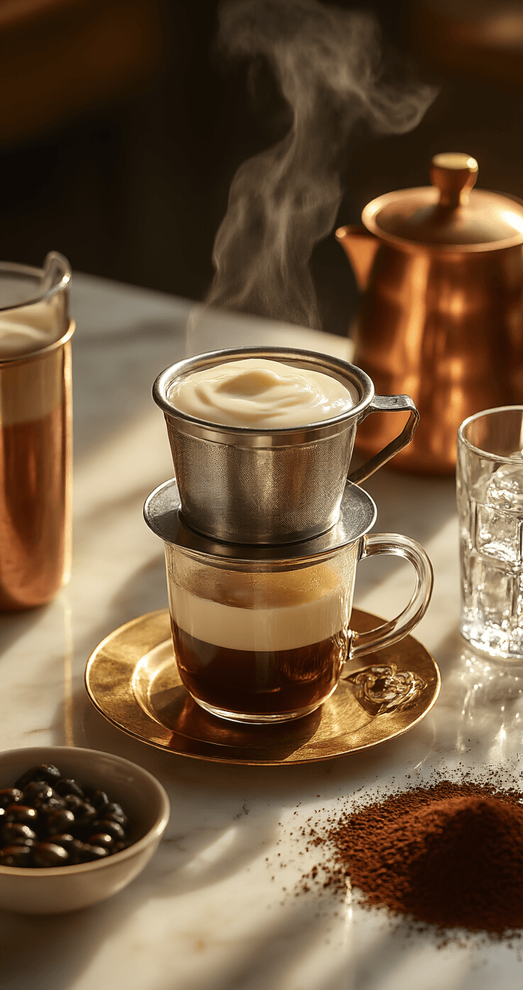 Vietnamese Iced Coffee (Cà Phê Sữa Đá): The Bold, Sweet Caffeine Hit You Need Overhead view of a Vietnamese coffee preparation station with morning light illuminating a phin filter, glass cup with condensed milk, and scattered coffee grounds on a marble countertop, creating a warm café atmosphere.