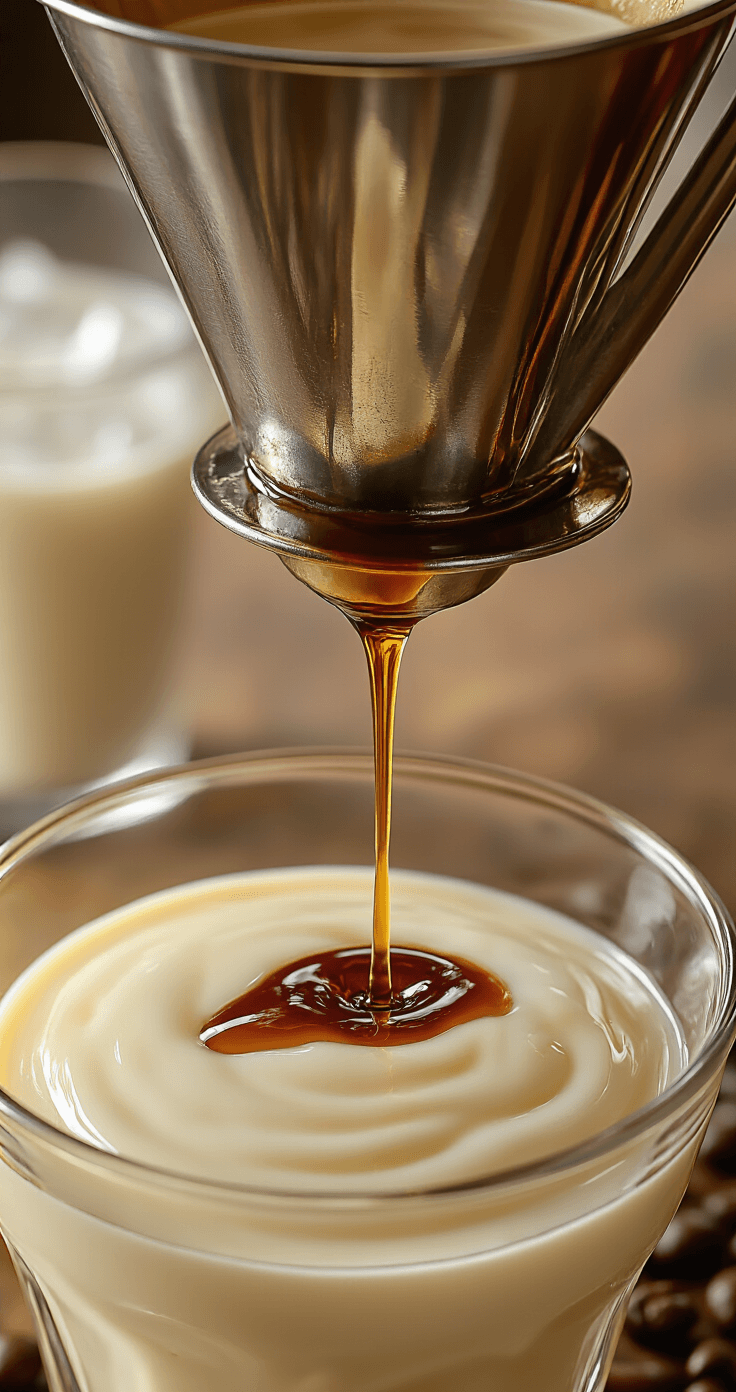 Vietnamese Iced Coffee (Cà Phê Sữa Đá): The Bold, Sweet Caffeine Hit You Need Close-up of dark Vietnamese coffee dripping slowly through a phin filter into creamy condensed milk, creating ripples. Warm steam and golden hour lighting enhance the scene, with an ice-filled glass blurred in the background.