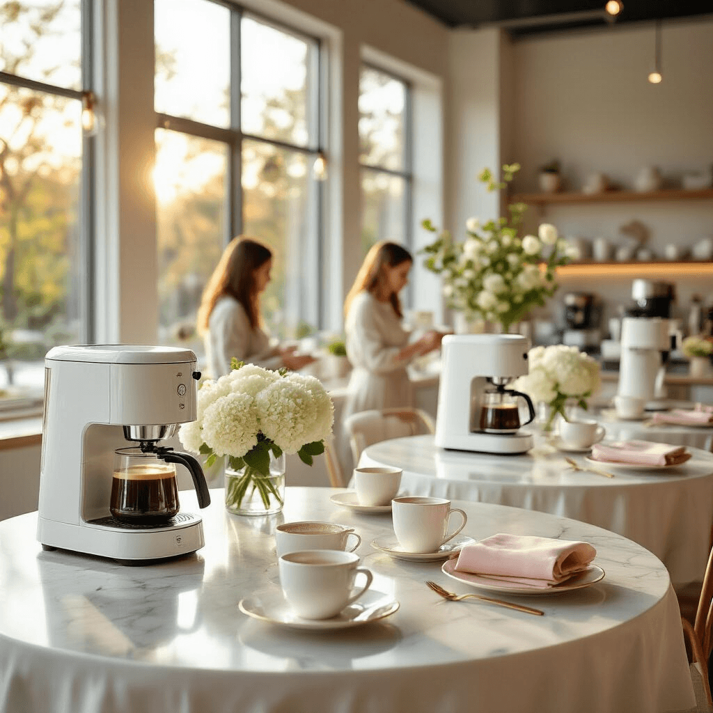 The Best White Coffee Makers for Every Kitchen Style and Budget Photorealistic wide-angle shot of an elegant coffee tasting event in a modern kitchen showroom, featuring white coffee makers on marble countertops, guests in casual attire sampling coffee, and floral arrangements under warm natural lighting.