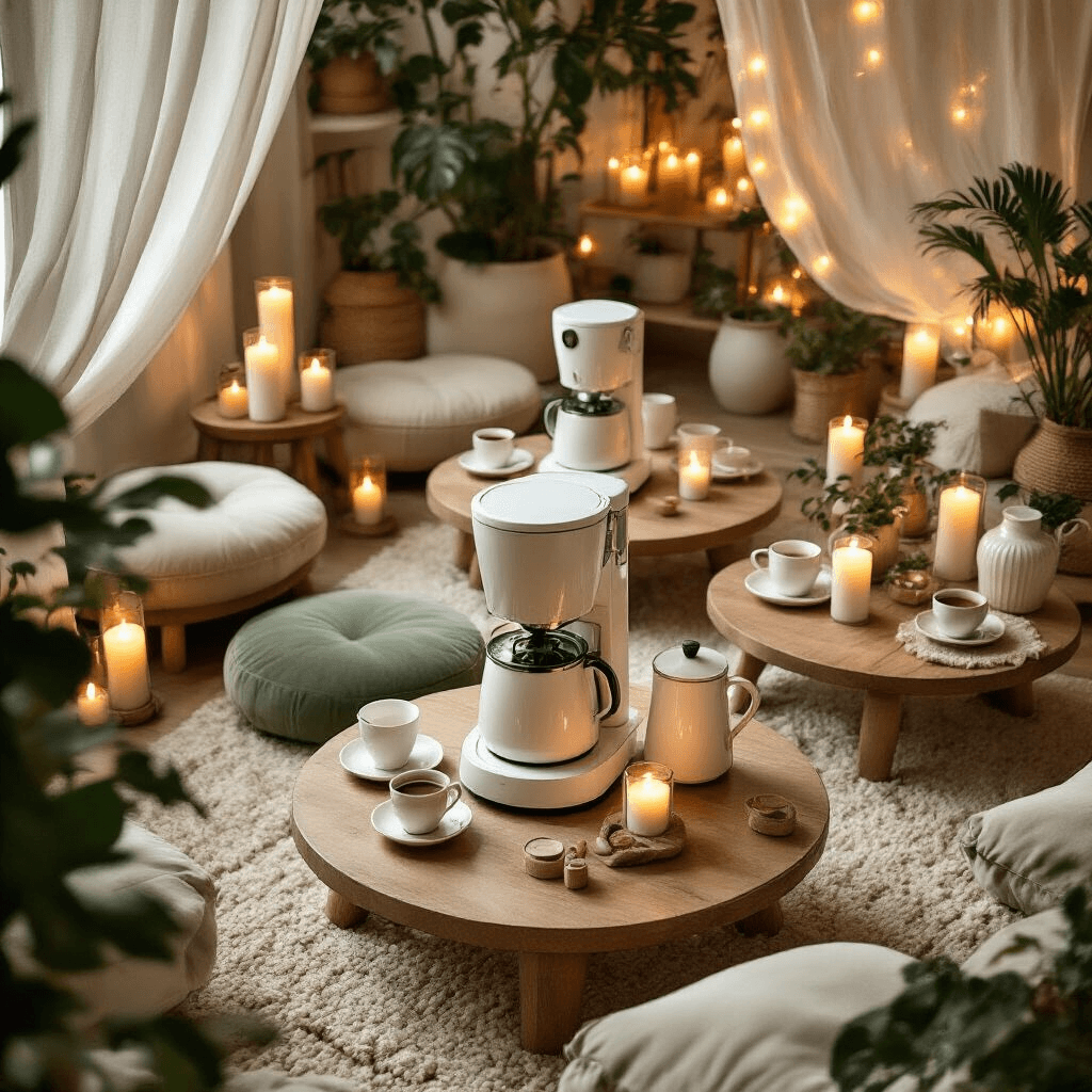 The Best White Coffee Makers for Every Kitchen Style and Budget Intimate overhead view of a cozy coffee maker launch party in a stylish urban apartment, featuring low wooden tables, plush cream cushions, and retro white coffee makers as decor. The warm ambiance is enhanced by candlelight and fairy lights, with guests enjoying coffee from vintage porcelain sets, surrounded by greenery and soft textile accents.
